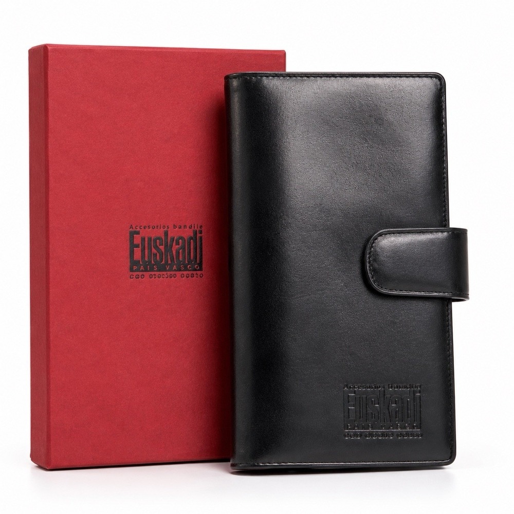 Euskadi 100% Genuine Leather Bifold Organizer Wallet W Original Box Black Spain